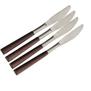 4 Woodwind Dinner Knife 8" wood-like handle vtg midcentury boho minimalist mixed